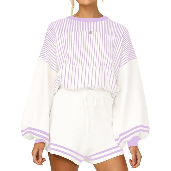 Women' s Striped 2 Piece Outfits Crewneck Knit Pullover Sweater Shorts Set Wide Leg Matching Set Loungewear