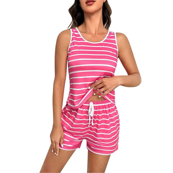 Women's Striped 2 Piece Outfits Summer Short Sets Sleeveless Lounge Sets Casual Matching Pajamas Sets