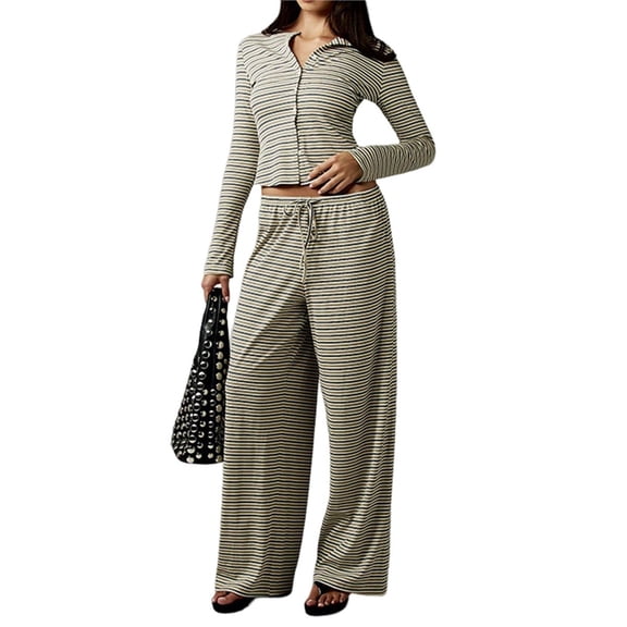 Women's Striped 2 Piece Pants Outfits Long Sleeve Button Down Knit Top Set Leisure Vacation Green S