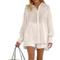 thumbnail image 1 of Women’s Striped 2 Piece Set Button Down Shirt and Shorts Lounge Outfit Summer Set, 1 of 4