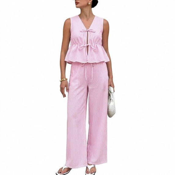 Women's Striped 2 Piece Set, V Neck Sleeveless Tie Vest Lightweight Striped Tie Front Wide Leg Pants Set Summer Wear Tie Front Tank Tops Wide Leg Pants Sets, Pink L