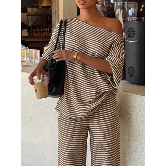 Women's Striped 2 Pieces Outfit, Off Shoulder Short Sleeve Top And Wide Leg Pants Casual Going Out Matching Set