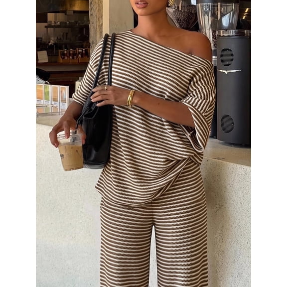Women's Striped 2 Pieces Outfit, Off Shoulder Short Sleeve Top And Wide Leg Pants Casual Going Out Matching Set