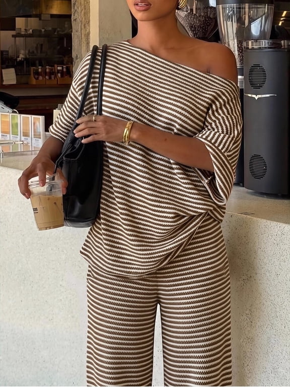 Women's Striped 2 Pieces Outfit, Off Shoulder Short Sleeve Top And Wide Leg Pants Casual Going Out Matching Set
