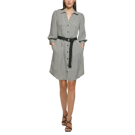 Women's Striped 3/4-Sleeve Belted Shirtdress Black/Soft White 16