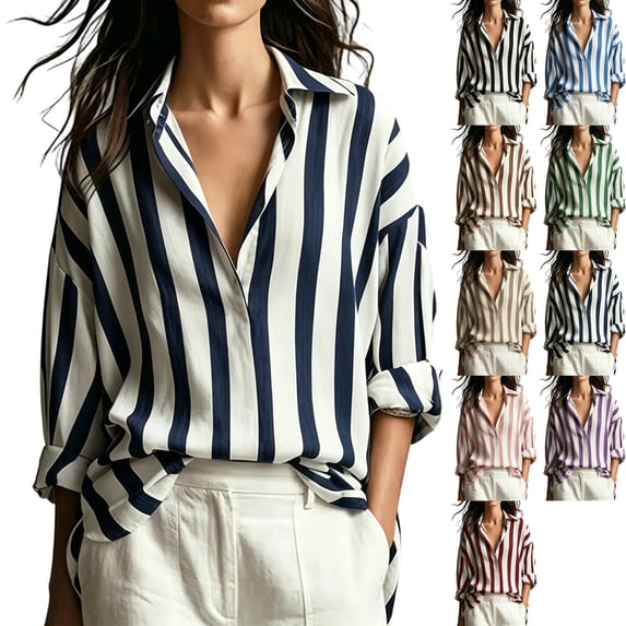 Women's Striped 3/4 Sleeve Button Down Blouse Oversized Loose Fit V Neck Collared Shirts for Business Casual Office Travel 2026 Fashion, Navy, L