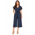 thumbnail image 1 of Women's Striped Belted Wide Leg Jumpsuit with V-Neck and Short Flutter Sleeves Navy L, 1 of 4