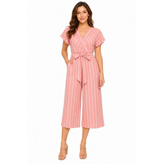 Women's Striped Belted Wide Leg Jumpsuit with V-Neck and Short Flutter Sleeves Pink S