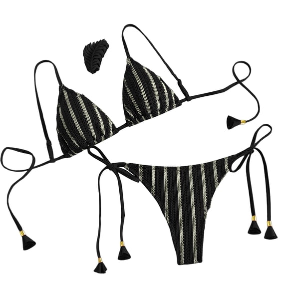 Women's Striped Bikini Swimsuit Two-piece Swimsuit Set Black L