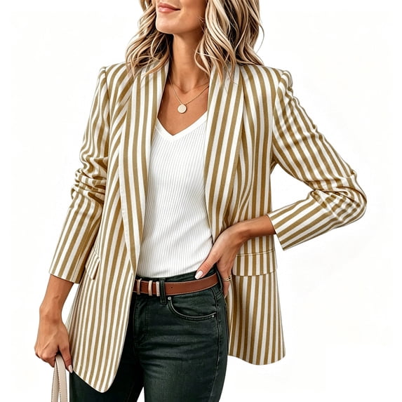 Women's Striped Blazer Open Front Lightweight Long Sleeve Jacket Business Casual Office Work Wear Top