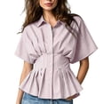 thumbnail image 1 of Women's Striped Blouse Peplum Hem Dressy Shirt Collared Short Sleeve Button Down Waist Fitted Business Casual Tops office Outfit Pink, 1 of 5