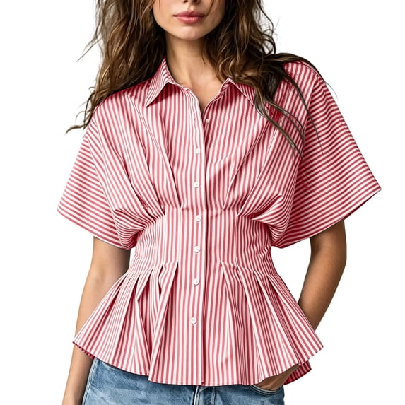 Women's Striped Blouse Peplum Hem Dressy Shirt Collared Short Sleeve Button Down Waist Fitted Business Casual Tops office Outfit Red
