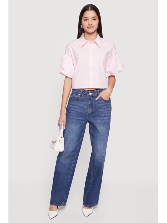 Women's Striped Bubble Sleeve Cropped Blouse