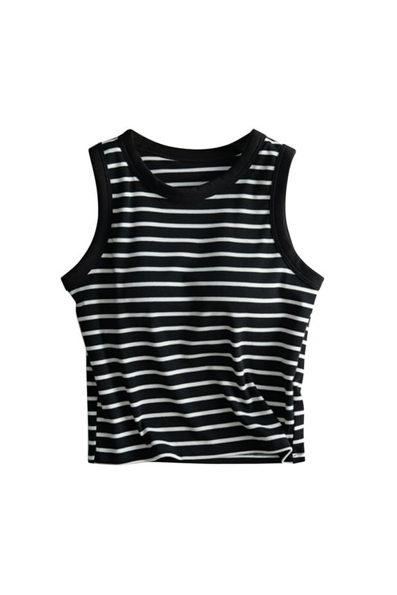 Women's Striped Built-in Bra Camisole, Sleeveless Tank Top with Padding for No Bra Needed, Seamless Comfort for Everyday Wear or Light Activity Black L