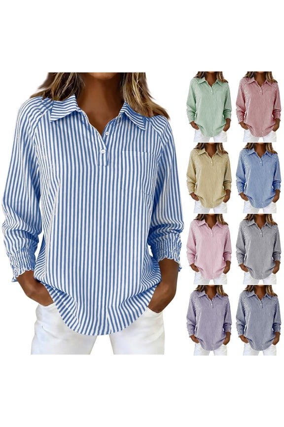 Women's Striped Button Down 3/4 Sleeve Classic Collar Shirt Blouse Top, Office Professional Business Casual Workwear, Elegant Longline Fit | CSEONE,Yellow XL