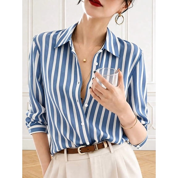 Women's Striped Button Down Collared Long Sleeve Shirt Blouse