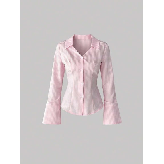 Women's Striped Button Down Collared Shirt, Point Collar Long Sleeve Bell Sleeve Blouse, Slim Fit Curved Hem Top, Business Casual Work Office Wear