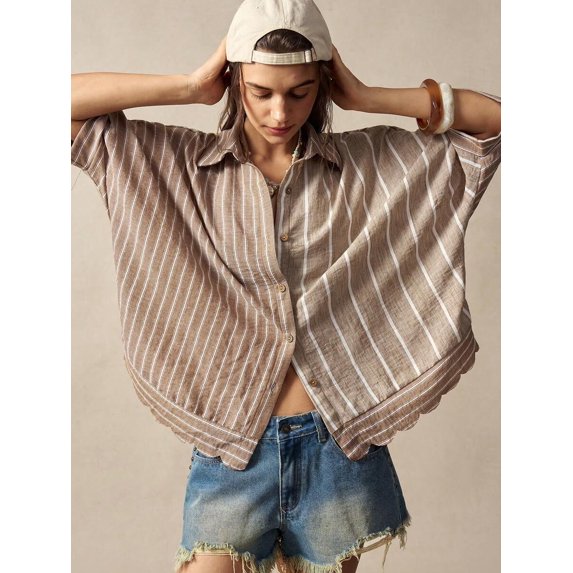 Women's Striped Button Down Shirt, Collared Short Sleeve Scalloped Hem Blouse, Loose Fit Flowy Top, Boho Vacation Resort Wear