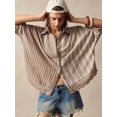 thumbnail image 1 of Women's Striped Button Down Shirt, Collared Short Sleeve Scalloped Hem Blouse, Loose Fit Flowy Top, Boho Vacation Resort Wear, 1 of 7