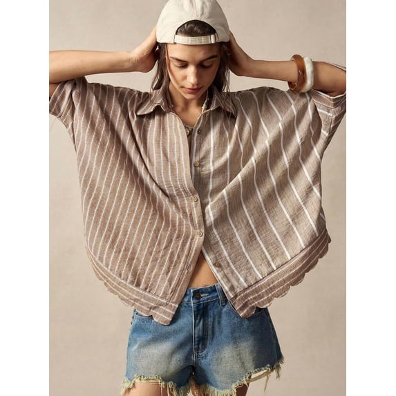 Women's Striped Button Down Shirt, Collared Short Sleeve Scalloped Hem Blouse, Loose Fit Flowy Top, Boho Vacation Resort Wear