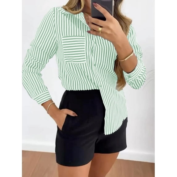 Women's Striped Button Down Shirt Fashion Business Blouse Shirt Soft Casual Long Sleeve Blouse V Neck Shirt