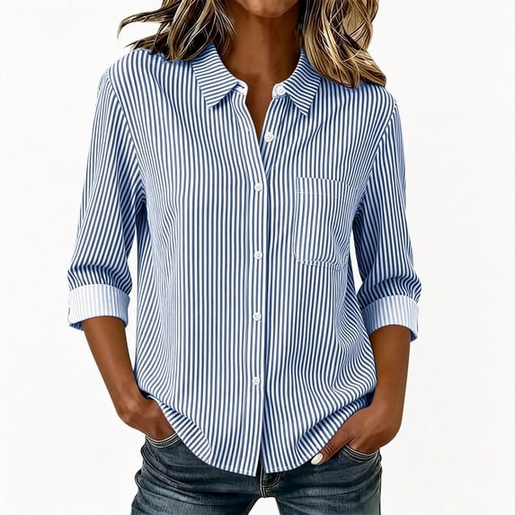 Women's Striped Button Down Shirt Long Sleeve Business Dressy Casual Blouses Classic Collared Work Outfits Clothes