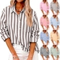 thumbnail image 1 of Women's Striped Button Down Shirt Long Sleeve Casual Linen Blouse Loose Fit Office Work Wear Spring Summer Outfit Light Blue S, 1 of 6