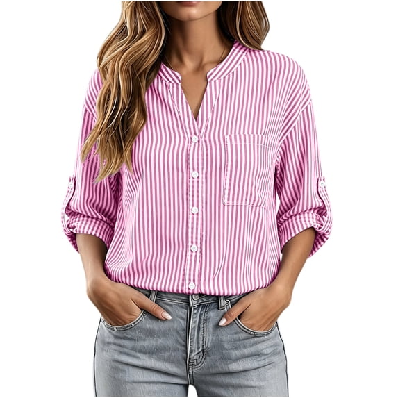 Women's Striped Button Down Shirts 3/4 Length Sleeve Tops V Neck Casual Comfy Work Shirt with Pocket (2XL, Pink)