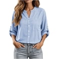 thumbnail image 1 of Women's Striped Button Down Shirts 3/4 Length Sleeve Tops V Neck Casual Comfy Work Shirt with Pocket (L, Sky Blue), 1 of 8