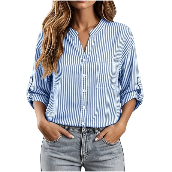 Women's Striped Button Down Shirts 3/4 Length Sleeve Tops V Neck Casual Comfy Work Shirt with Pocket (L, Sky Blue)