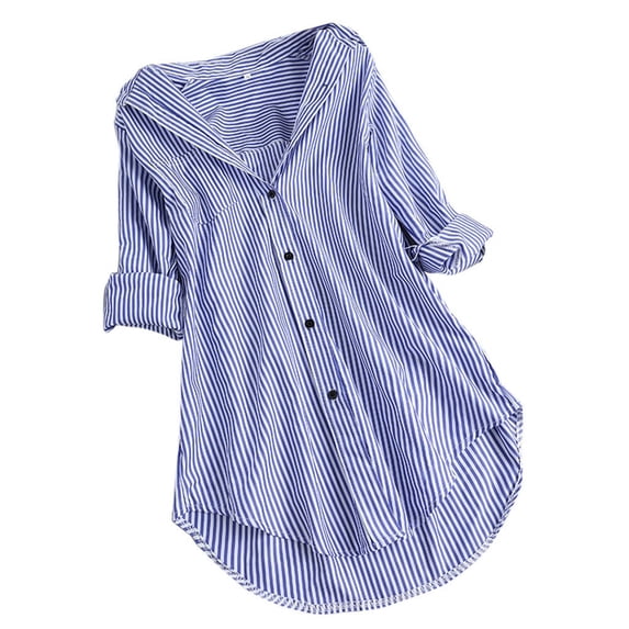 Women's Striped Button Down Shirts Classic Long Sleeve Stylish Collared Work Blouses Tops M