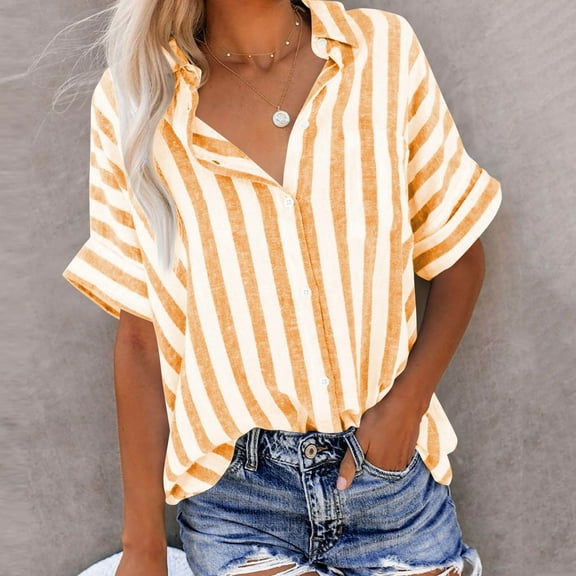 Women's Striped Button Down Shirts Linen Long/Short Sleeve Dress Shirts Oversized Blouses Business Casual Outfits Tops