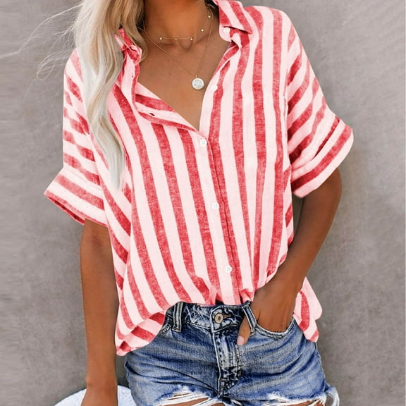 Women's Striped Button Down Shirts Linen Long/Short Sleeve Dress Shirts Oversized Blouses Business Casual Outfits Tops
