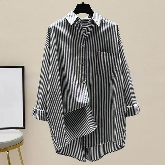 Women's Striped Button Down Shirts Long Sleeve Blouse Tops with Pocket Black S