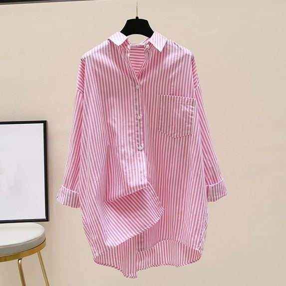 Women's Striped Button Down Shirts Long Sleeve Blouse Tops with Pocket Pink XL