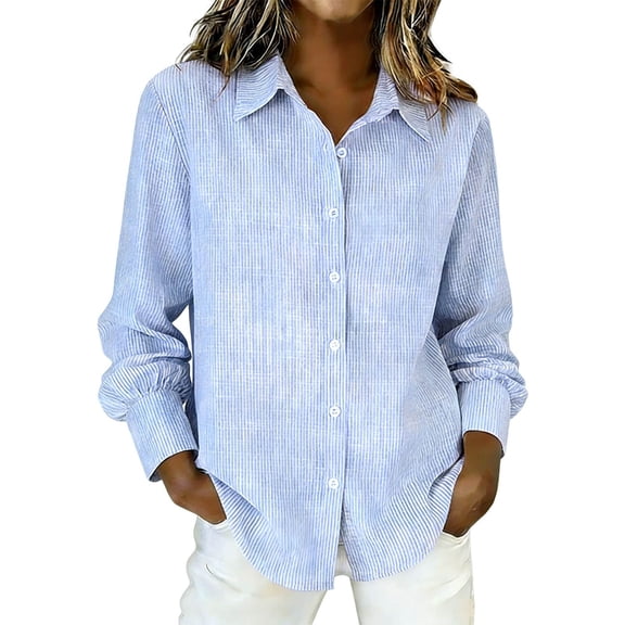 Women's Striped Button Down Shirts Long Sleeve Smocked Cuffed Oversized Boyfriend Blouses Collared Work No Pockets Tops