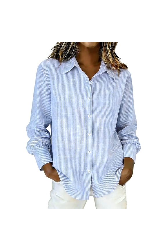 Women's Striped Button Down Shirts Long Sleeve Smocked Cuffed Oversized Boyfriend Blouses Collared Work No Pockets Tops