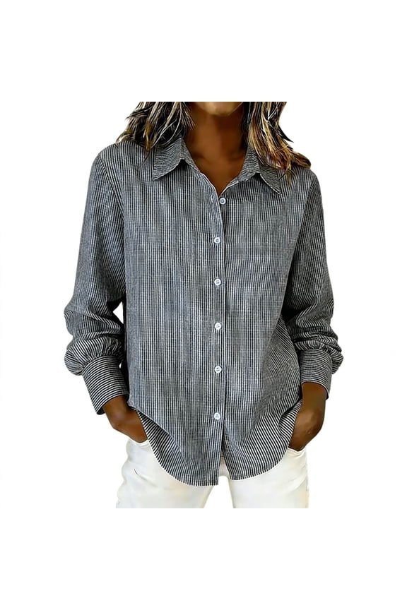 Women's Striped Button Down Shirts Long Sleeve Smocked Cuffed Oversized Boyfriend Blouses Collared Work No Pockets Tops