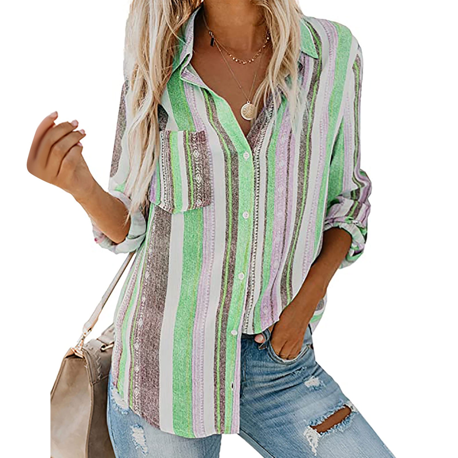 Women's Striped Button Down Shirts Loose Fit Boyfriend Style Vertical