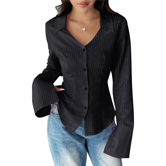 Women's Striped Button Down Slim Fit Shirt Long Sleeve Collar Work Blouse Tops Black S