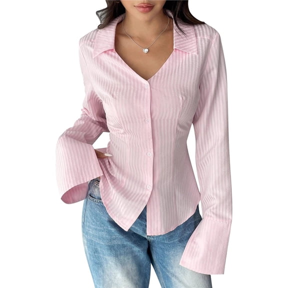 Women's Striped Button Down Slim Fit Shirt Long Sleeve Collar Work Blouse Tops Pink M
