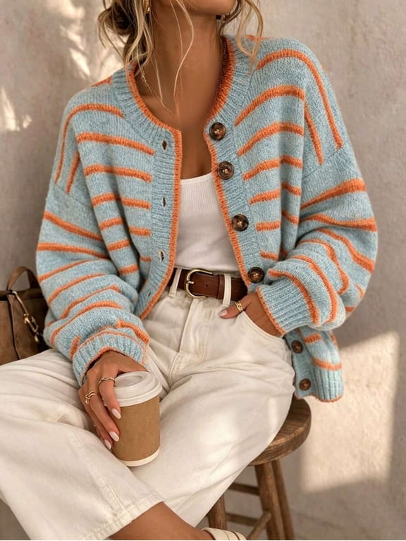 Women's Striped Button Front Cardigan with Lantern Sleeves Crew Neck Long Sleeve Knit Top for Fall Winter Daily Wear