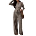 thumbnail image 1 of Women's Striped Button Front Long Sleeve Wide Leg Pants Two Piece Set Brown M, 1 of 9