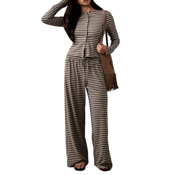Women's Striped Button Front Long Sleeve Wide Leg Pants Two Piece Set Brown M