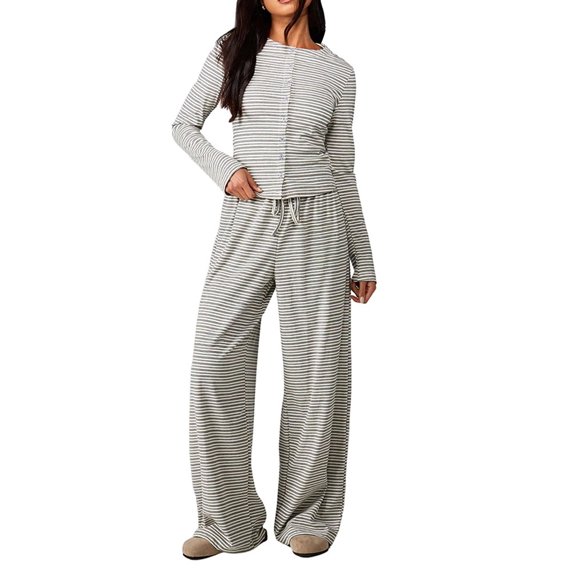 Women's Striped Button Front Long Sleeve Wide Leg Pants Two Piece Set Light Gray XL