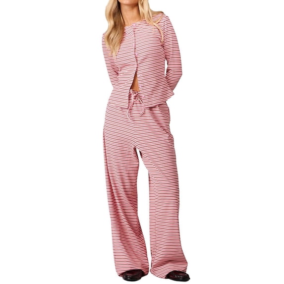 Women's Striped Button Front Long Sleeve Wide Leg Pants Two Piece Set Pink L