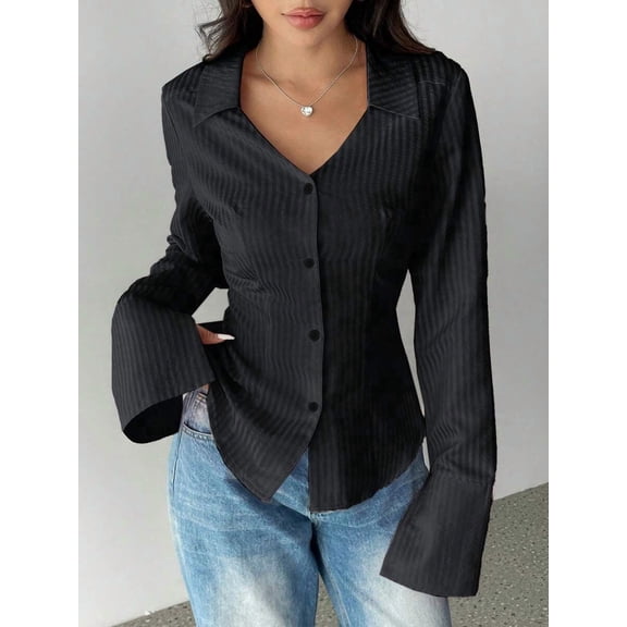 Women's Striped Button Front Shirt, Slim Fit V Neck Flare Long Sleeve Casual Blouse for Fall Daily Wear