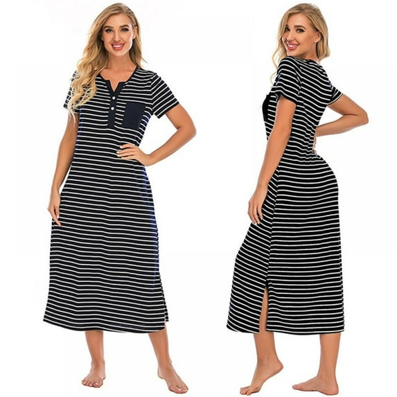 Women's Striped Button Over The Knee Long Nightdress Loose Short Sleeve Henley Neck Homewear Summer Lady Comfortable Thin Soft Nightwear