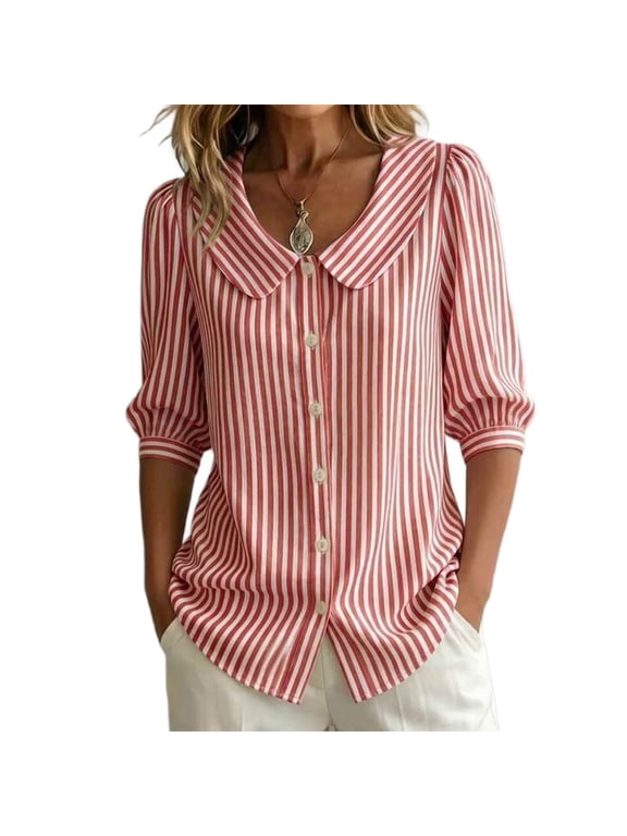 Women's Striped Button Down Shirt Breathable Wrinkle Long-Lasting Blouse with Collar 3-Quarter Sleeve Casual Work Top Versatile Summer Comfortable Wear for Days