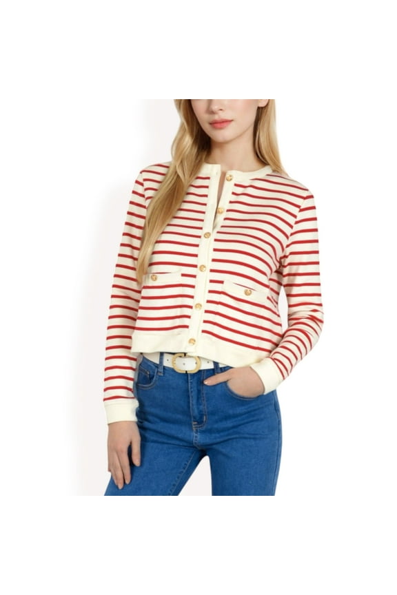Women's Striped Button-Up Cardigan with Pocket Detail - X Large, Red